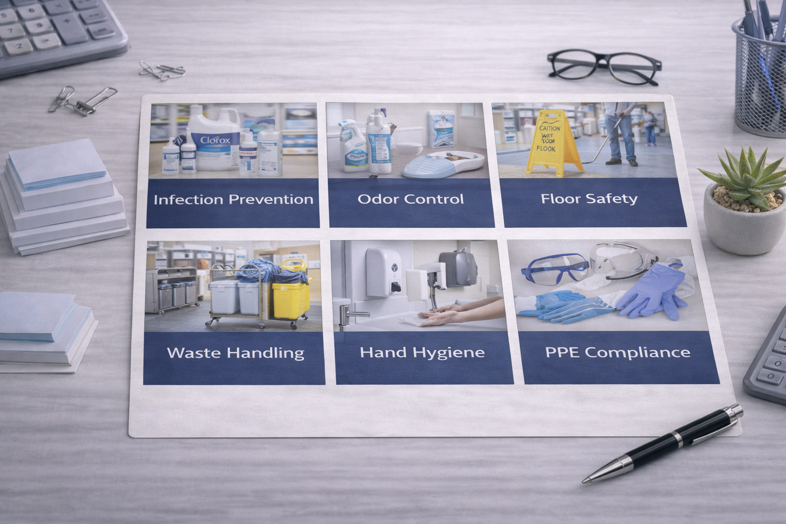 Landing pages organized by cleaning and safety needs such as infection prevention, odor control and floor care